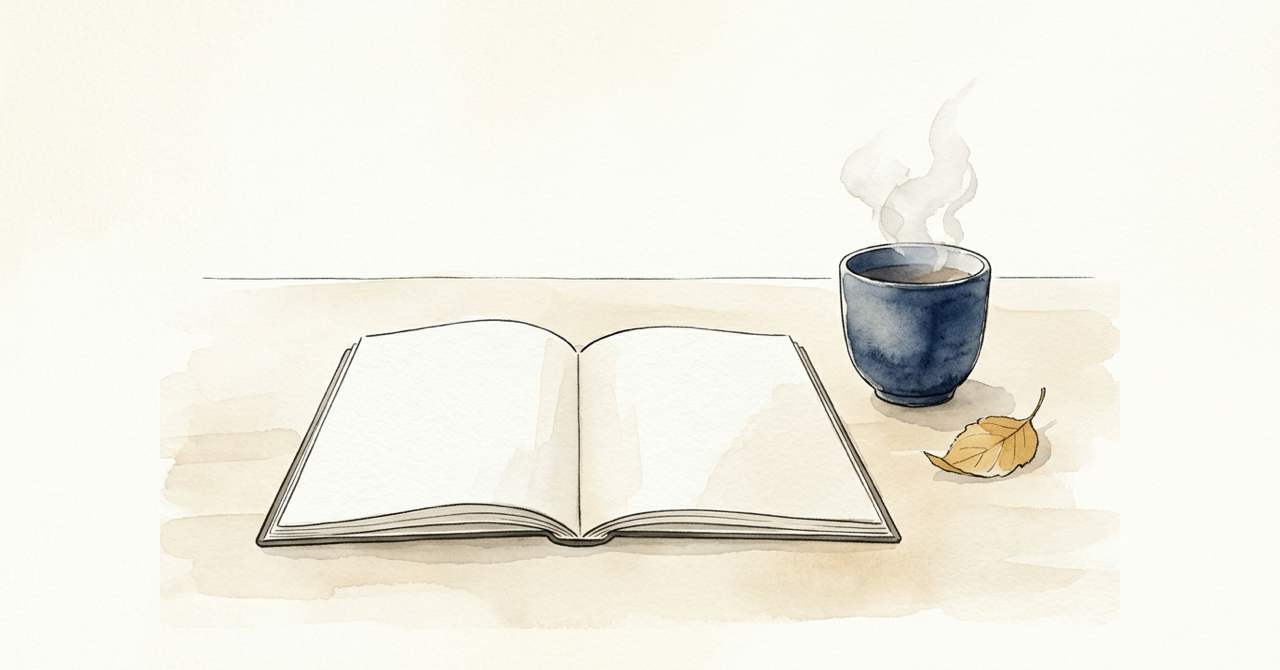 開いた白紙のノートのそばに、お茶のカップと散歩で見つけた小さな葉が置かれている