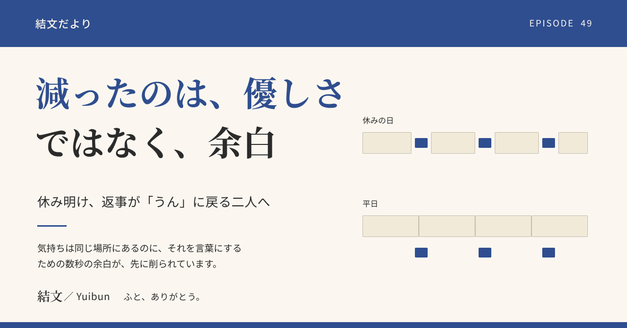 休み明けに夫婦の会話が短くなる二人へ。減ったのは優しさではなく、余白かもしれませんの記事サムネイル